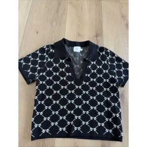 Black Patterned Short-Sleeve Turtleneck Polo Sweater